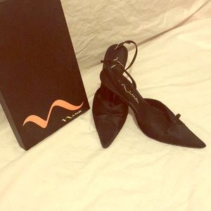 Black Nina satin kitten heel sling backs